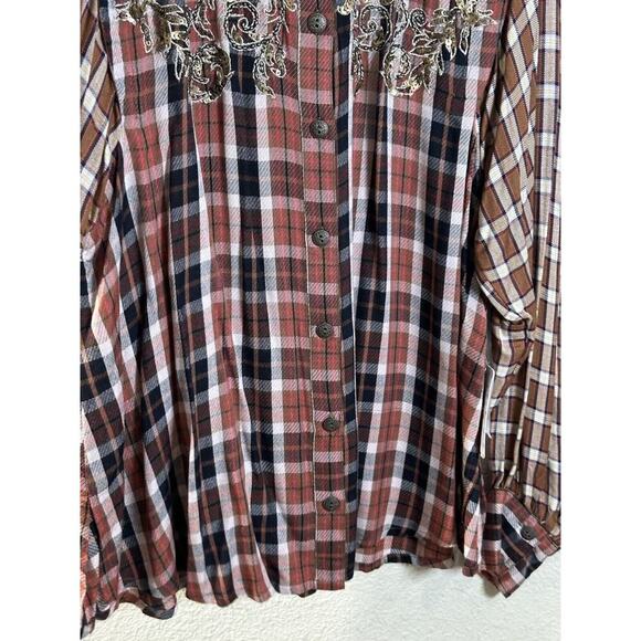 Free People Copper Plaid Snow Top Mountain Top Shirt Button down Medium M NEW - Picture 10 of 16